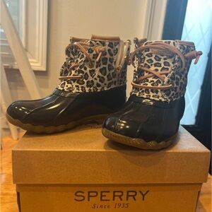 Sperry Animal Print Boots with Black and Tan Accents *brand new